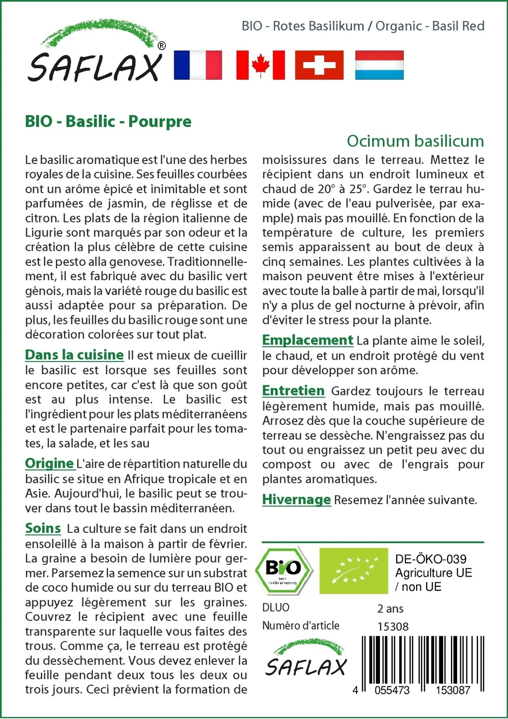 Kit De Culture - Bio - Basilic - Pourpre - 400 Graines - Ocimum Basilicum 3 Kit De Culture - Bio - Basilic - Pourpre - 400 Graines - Ocimum Basilicum – Image 3